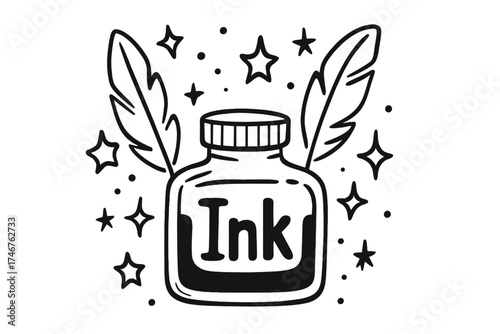 Ink Bottle Doodle. Doodle printing ink bottle with stars, quills, and sparkles, center word “Ink” in black and white isolated