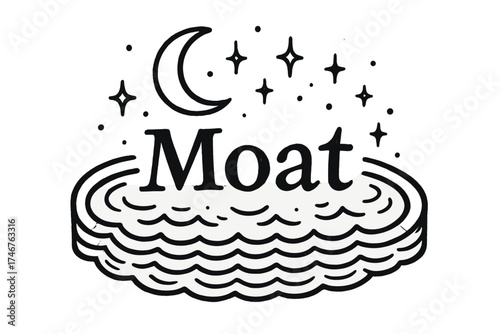 Moat with Moons. Hand-drawn moat with moons, waves, and sparkles, center word “Moat” in black and white isolated transparent