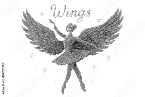 Enchanted Ballerina Wings. Hand-drawn ballerina wings in white and silver with glowing stars, center word “Wings”, isolated