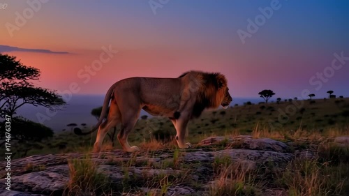 A majestic male lion walks across a rocky outcrop against a colorful sunset backdrop
