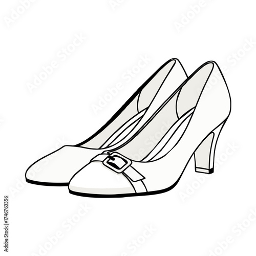 Illustration of a pair of elegant, classic women's high-heeled shoes with a buckle detail.