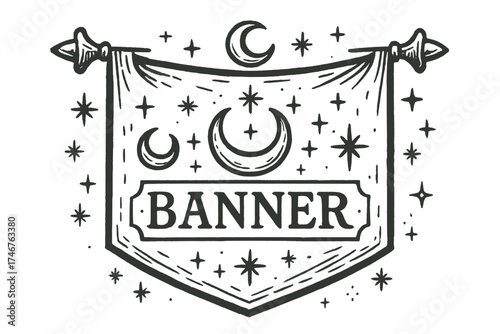 Heraldic Moon Banner. Hand-drawn heraldic banner with moons, symbols, and sparkles, center word “Banner” in black and white