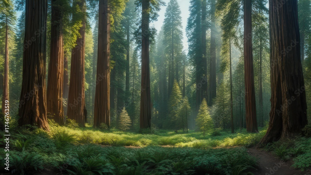 Fototapeta premium Sunlit grove of giant redwood trees, misty atmosphere