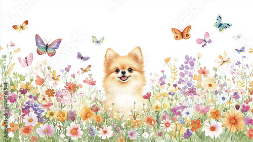 Another charming Pomeranian puppy in a flower-filled setting, radiating joy and playfulness amid colorful blossoms and butterflies