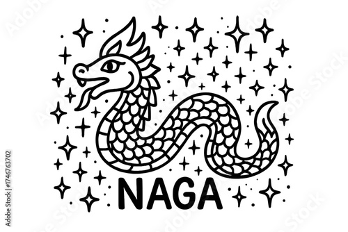 Naga Doodle Artwork. Doodle naga with stars, scales, and sparkles, center word “Naga” in black and white isolated transparent