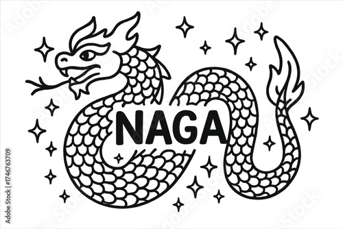Naga Doodle Artwork. Doodle naga with stars, scales, and sparkles, center word “Naga” in black and white isolated transparent