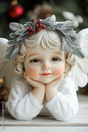 A charming child with angelic features, wearing a floral crown, radiating innocence and joy during the festive season