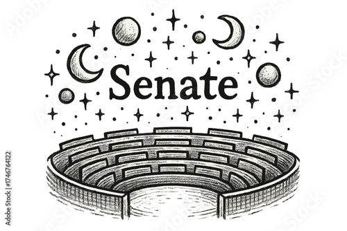 Galactic Senate Visualization. Hand-drawn galactic senate with moons, orbs, and sparkles, center word “Senate” in black and white