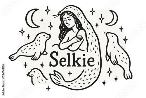 Selkie & Seals Art. Hand-drawn selkie with moons, seals, and sparkles, center word “Selkie” in black and white isolated