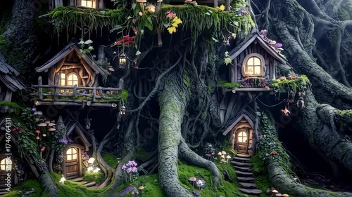 A whimsical tree dwelling village with multiple glowing wooden houses, nestled in a lush forest
