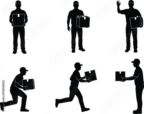 Box delivery silhouette, carrying posture, running with package, handoff gesture, logistics activity, courier motion, vector illustration, physical movement icons