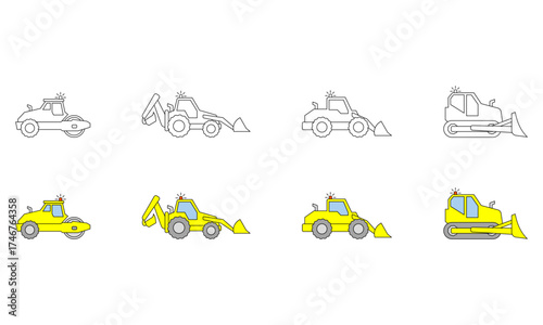 Mining vehicle icon set. Heavy vehicles include road roller, backhoe loader, wheel loader, and bulldozer. Vector illustration.