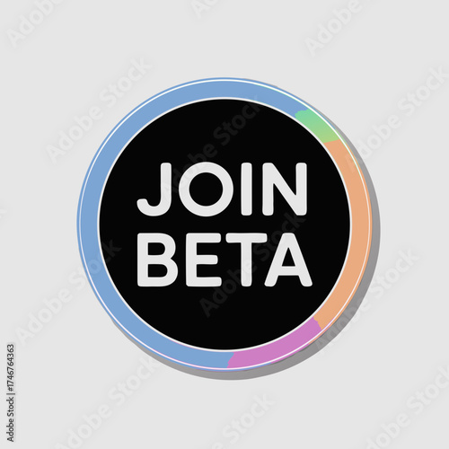 Circular Join Beta Badge with Colorful Accents on Light Background Innovative Digital Design Announcement Promotion