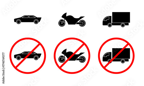 traffic signs. signs prohibiting various types of vehicles. motorbikes, cars, trucks. black silhouette. vector illustration