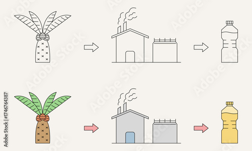 The sequence of cooking oil production from palm oil plantations, factories, and bottling. Palm oil. Vector illustration.