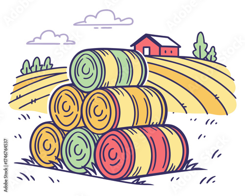 Hay bales stack, farm harvest scene, silhouette vector illustration