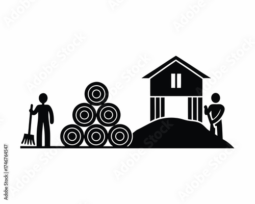 Hay bales stack, farm harvest scene, silhouette vector illustration
