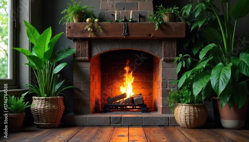 A cozy fireplace with lush green plants surrounding it, casting a warm, inviting glow Perfect for home decor, interior design, and relaxation themes , interior, leaves