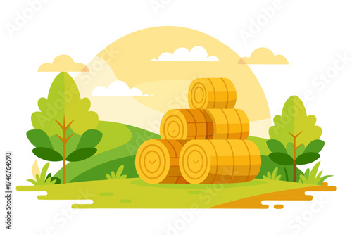 Hay bales stack, farm harvest scene, vector illustration isolated on white background