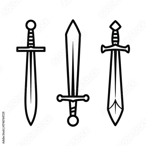 Three black outline swords on white background weapon medieval
