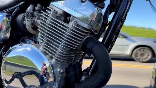 Close-up of a motorcycle engine on a sunny day. Chrome, black parts, and the rider are reflected