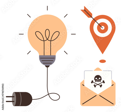Lightbulb connected to plug, warning envelope, and arrow hitting target as concepts for creativity, innovation, focus, danger, problem-solving, strategy and productivity. Ideal for conceptual flat