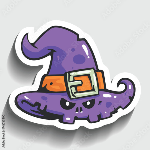 Spooky Witch Hat Sticker. Cartoon Halloween Headwear with Skull Face Vector Illustration.