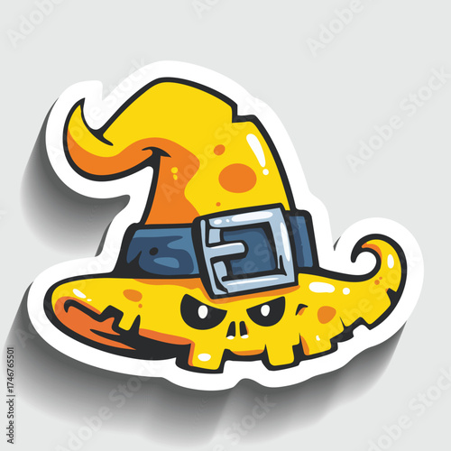 Spooky Witch Hat Sticker. Cartoon Halloween Headwear with Skull Face Vector Illustration.