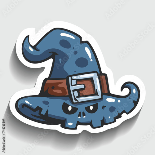 Spooky Witch Hat Sticker. Cartoon Halloween Headwear with Skull Face Vector Illustration.