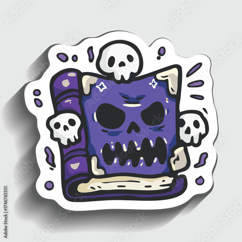 Spooky Spell Book Sticker. Cartoon Halloween Magic Tome with Skull Face Vector Illustration.