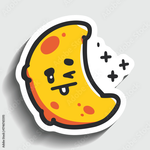 Drowsy Cartoon Moon Sticker. Cute Sleepy Crescent with Stars Vector Illustration.
