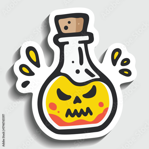 Spooky Potion Bottle Sticker. Halloween Elixir with Skull Face Cartoon Vector Illustration