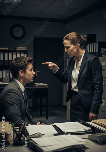Executive Woman Severely Upbraiding a Young Man in an Understated Office Setting