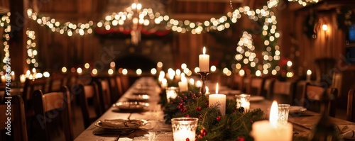 Candlelit Garlands Across Wooden Dining Hall