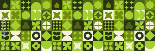 Pattern of abstract agriculture motifs in a mosaic style, combining swiss design on an eco-green background.