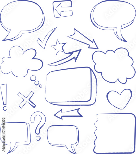 Hand-drawn blue outline speech bubbles, arrows, and symbols minimalist sketch-style icons for comics, presentations, and educational graphics