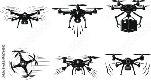 Drone silhouette vector set, quadcopter and hexacopter icons, aerial delivery and flight motion concept, black technology illustration, robotics design elements