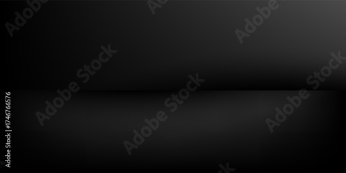 Limbo black background. Abstract dark gradient backdrop. Color wall of studio, room, stand for product display or photo. Modern banner with empty place for advertising text. Vector illustration.