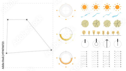 architecture site analysis symbol icon element drawing graphic flat isolated vector. architecture element line sun wind sound sun path vegetation.
