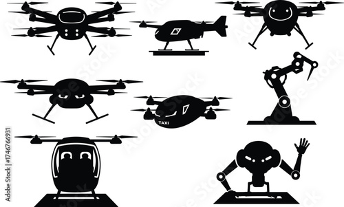 Futuristic drone silhouette, flying taxi, robotic arm, humanoid robot icons, aerial transport, automation technology, vector illustration, smart machine concept