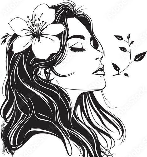 Woman’s profile with flowing hair and flower, black and white vector illustration of beauty and nature