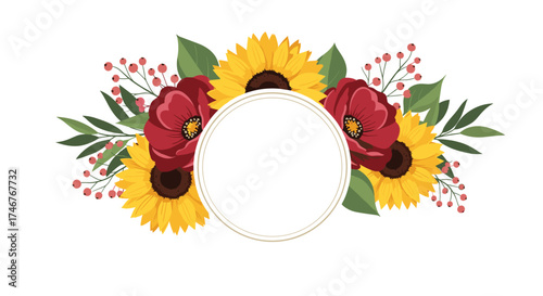 A vibrant floral arrangement featuring sunflowers poppies and greenery perfect for autumn celebrations.