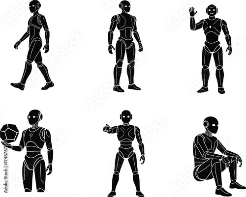Humanoid robot silhouettes, mechanical android poses, black vector icons, artificial intelligence gestures, futuristic robotics design, human-robot interaction concept, tech illustration set