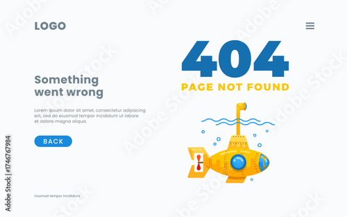 Wrong webpage layout 404 error page not found message template background screen for websites under construction. With submarine and periscope search illustration. Isolated