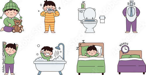 Child’s daily routine with hygiene care, brushing teeth, taking bath, waking up, sleeping, playing, pajamas, toilet training, teddy bear moment