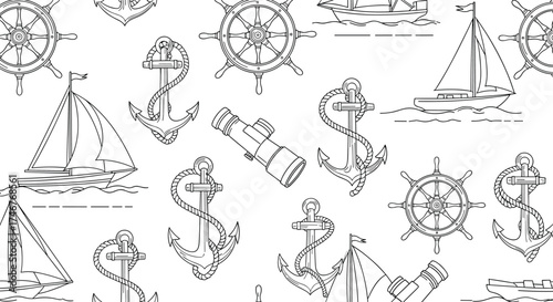 A whimsical collection of hand-drawn nautical motifs including sailing ships anchors and steering wheels creating a charming maritime theme.