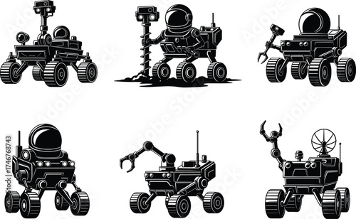 Robotic rover silhouette vector set, space exploration icons, planetary research machines, black technology illustration, remote operation concept, futuristic science design