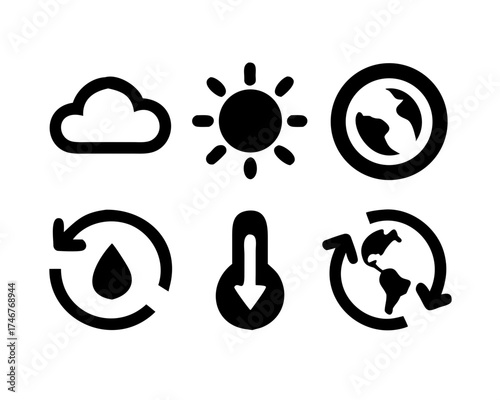 Climate change icons including cloud, sun, earth, and thermometer