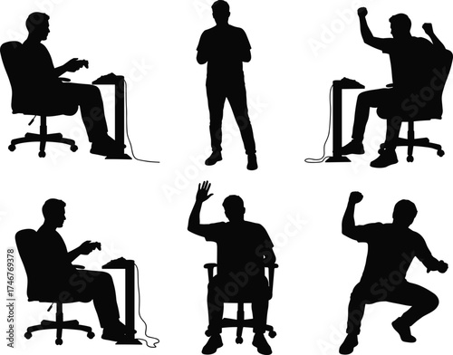 Silhouettes of people gaming, sitting, standing, celebrating, waving, holding controllers, office chair posture, video game activity, digital lifestyle, expressive body language