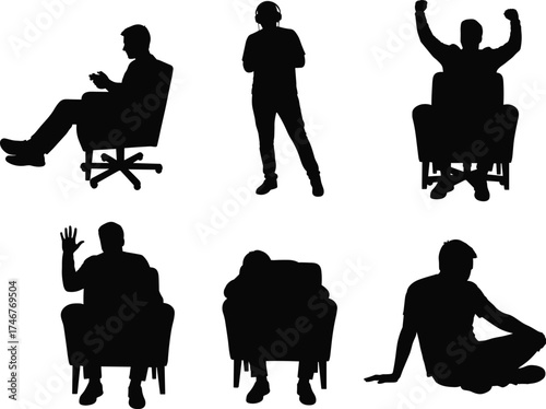 Silhouettes of people sitting, standing, waving, resting, celebrating, listening, using devices, showing emotion, casual posture, digital lifestyle, expressive body language